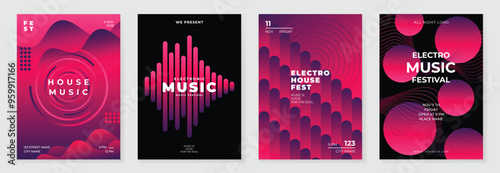 Music poster design background vector set. Electro Sound Cover template with vibrant abstract gradient line wave, geometric shape. Ideal design for social media, flyer, party, music festival, club.
