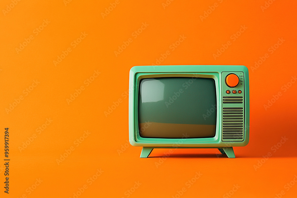 Retro Green Television Against Bright Orange Background Retro Green Television Against Bright Orange Background