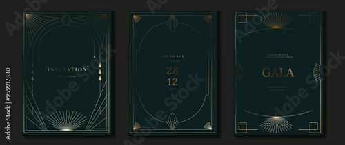 Luxury invitation card vector. Elegant art deco classic antique design, gold lines gradient, frame on dark green background. Premium design illustration for gala, grand opening, VIP cover, wedding.