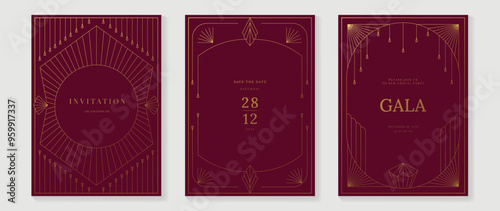 Luxury invitation card vector. Elegant art deco classic antique design, gold lines gradient, frame on red background. Premium design illustration for gala, grand opening, VIP cover, wedding.