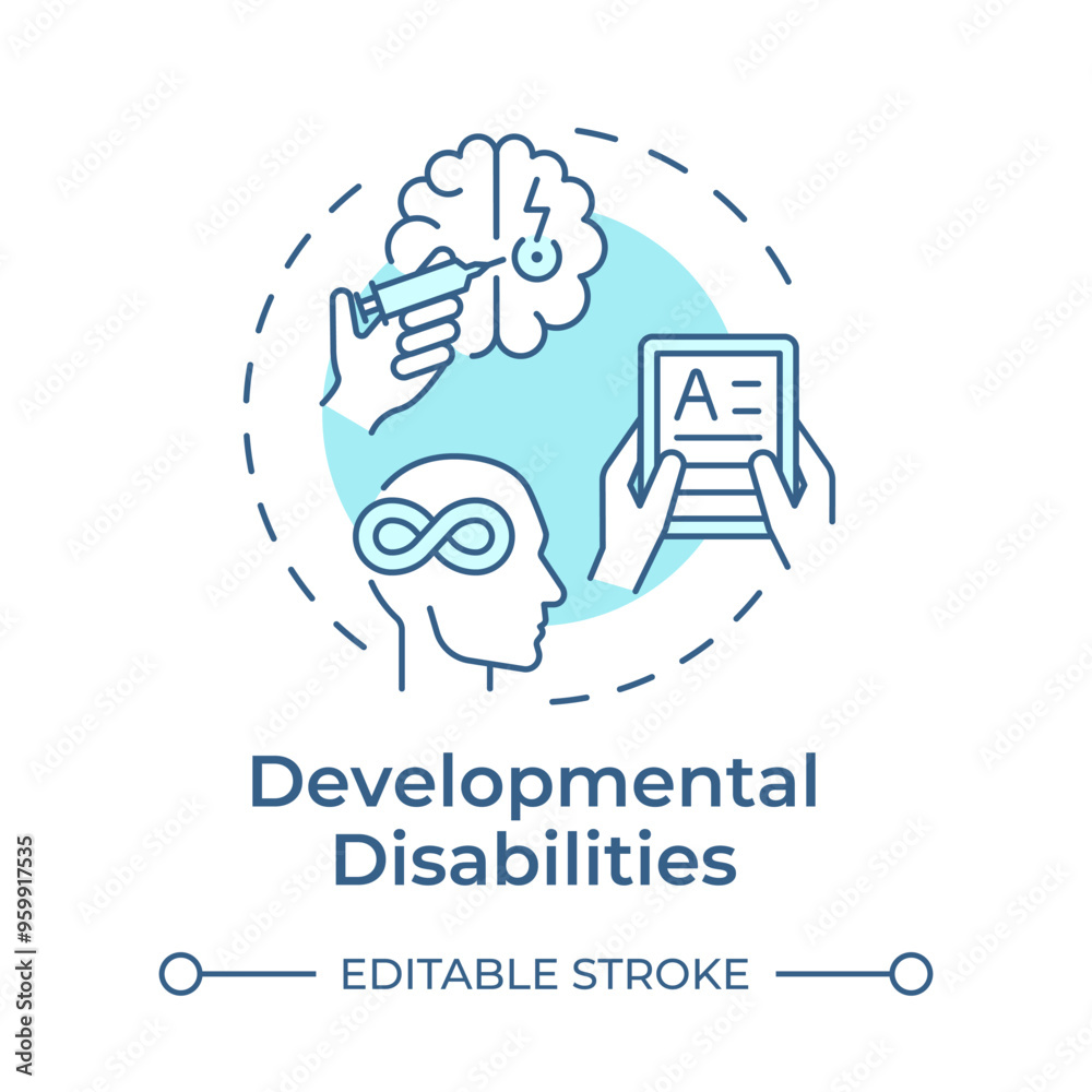 Developmental disabilities soft blue concept icon. Cognitive disorder, psychology. Round shape line illustration. Abstract idea. Graphic design. Easy to use in infographic, presentation Developmental disabilities soft blue concept icon. Cognitive disorder, psychology. Round shape line illustration. Abstract idea. Graphic design. Easy to use in infographic, presentation