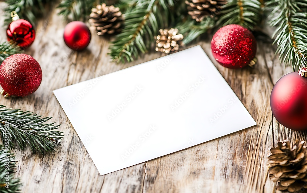 Fototapeta premium A blank white card on the table with Christmas decorations