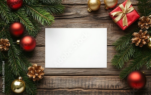 A blank white card on the table with Christmas decorations