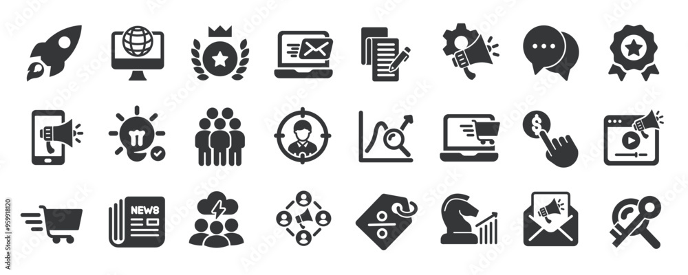 Digital marketing glyph solid icons collection. Containing business, e-commerce, management, network. Minimal icon and symbol series vector illustration Digital marketing glyph solid icons collection. Containing business, e-commerce, management, network. Minimal icon and symbol series vector illustration