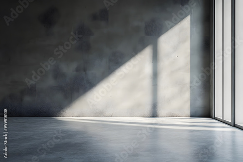 Empty minimalist room with gray wall and textured concrete floor, natural light casting soft shadows