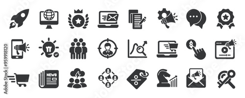 Digital marketing glyph solid icons collection. Containing business, e-commerce, management, network. Minimal icon and symbol series vector illustration