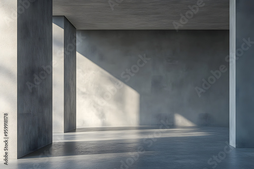 Minimalist empty room with gray wall and concrete floor, illuminated by soft natural light and subtle shadows