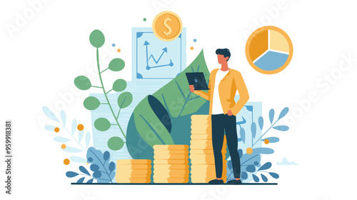 Financial growth concept. Young businessman earn more profit, make money from cryptocurrency