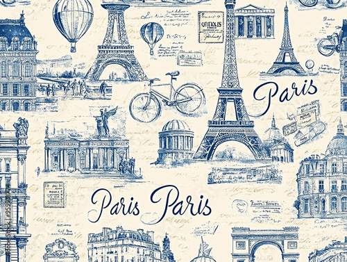 Vintage Seamless Pattern Featuring Iconic Paris Landmarks and Elements