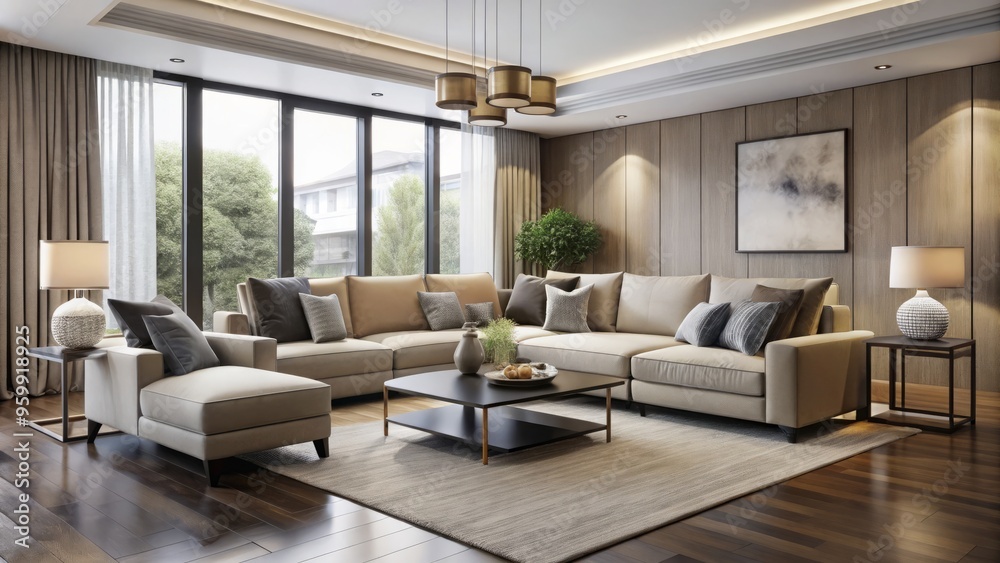 Fototapeta premium In modern living spaces, versatile sectional sofas with accent chairs create harmony amidst minimalist décors,