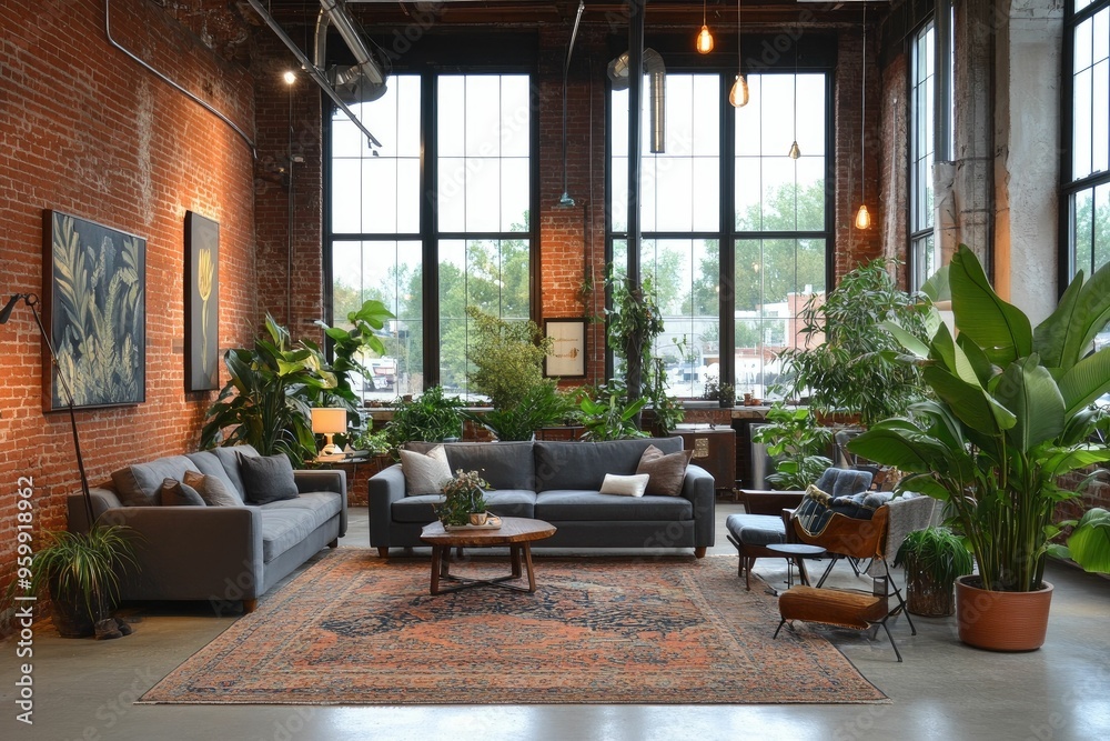 Fototapeta premium Industrial Chic Living Room with Natural Light and Plants