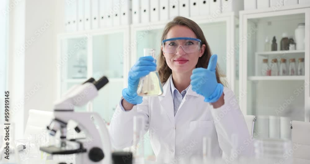 Lab technician sits at table with microscope showing thumbs-up. Female worker shows readiness to conduct experiments and positive attitude towards her work Lab technician sits at table with microscope showing thumbs-up. Female worker shows readiness to conduct experiments and positive attitude towards her work