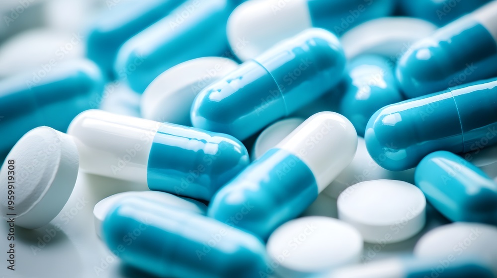 Dual-Tone Pharmaceutical Array: Light Blue and off-White Pills on Sterile Background, Emphasizing Medicinal Range Dual-Tone Pharmaceutical Array: Light Blue and off-White Pills on Sterile Background, Emphasizing Medicinal Range