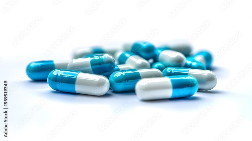 Dual-Tone Pharmaceutical Array: Light Blue and off-White Pills on Sterile Background, Emphasizing Medicinal Range Dual-Tone Pharmaceutical Array: Light Blue and off-White Pills on Sterile Background, Emphasizing Medicinal Range