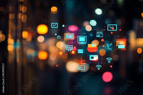 Abstract Digital Cityscape with Bokeh Lights and Ecommerce Icons