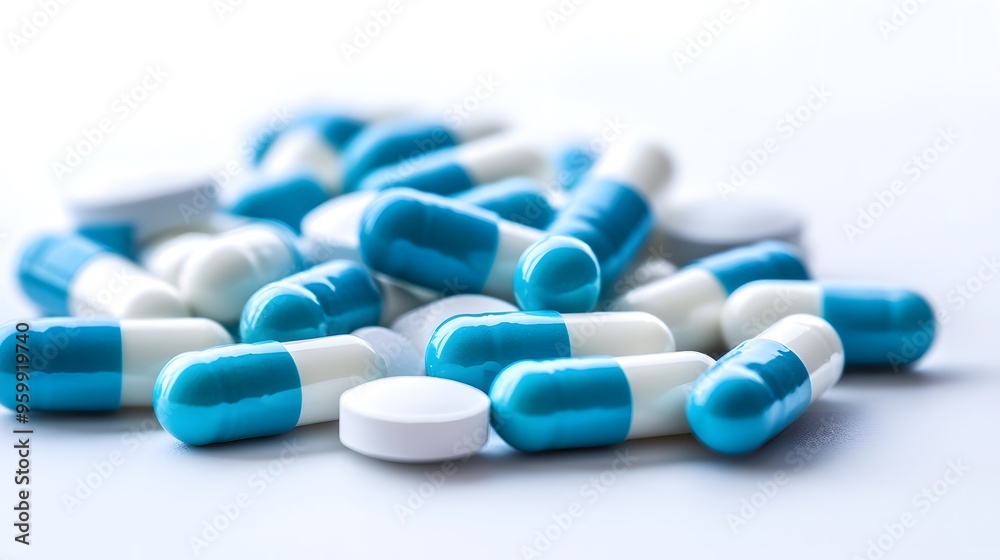 Dual-Tone Pharmaceutical Array: Light Blue and off-White Pills on Sterile Background, Emphasizing Medicinal Range Dual-Tone Pharmaceutical Array: Light Blue and off-White Pills on Sterile Background, Emphasizing Medicinal Range
