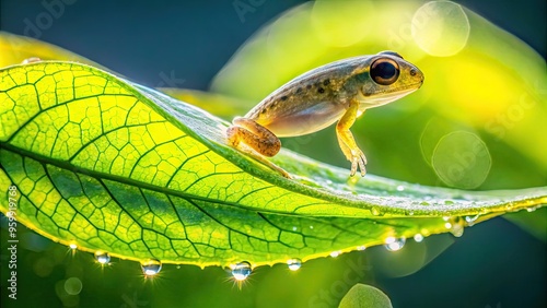 A tiny, translucent tadpole clings to a green leaf's edge, its delicate limbs and vulnerable body exposed in a burst of morning dew and sunlight. photo