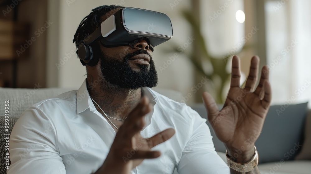 In a virtual reality headset, an African-American man is lying on the sofa. Touching the air. Futuristic. High quality image. In a virtual reality headset, an African-American man is lying on the sofa. Touching the air. Futuristic. High quality image.