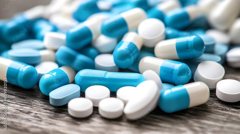 Dual-Tone Pharmaceutical Array: Light Blue and off-White Pills on Sterile Background, Emphasizing Medicinal Range Dual-Tone Pharmaceutical Array: Light Blue and off-White Pills on Sterile Background, Emphasizing Medicinal Range