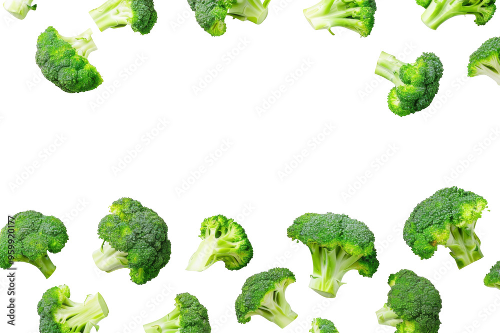 Fresh raw green Broccoli head pieces falling in the air isolated on background, healthy organic natural vegetables for food cooking. Fresh raw green Broccoli head pieces falling in the air isolated on background, healthy organic natural vegetables for food cooking.