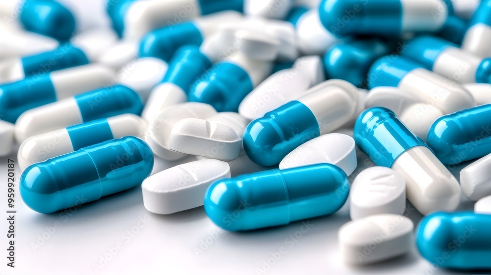 Dual-Tone Pharmaceutical Array: Light Blue and off-White Pills on Sterile Background, Emphasizing Medicinal Range Dual-Tone Pharmaceutical Array: Light Blue and off-White Pills on Sterile Background, Emphasizing Medicinal Range