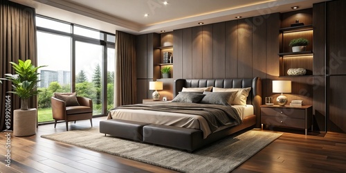 In this bedroom, rich brown walls harmonize with sleek black furniture, crafting a sophisticated and inviting space