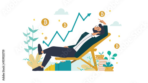Financial growth concept. Young businessman earn more profit, make money from cryptocurrency