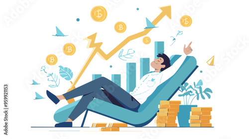 Financial growth concept. Young businessman earn more profit, make money from cryptocurrency