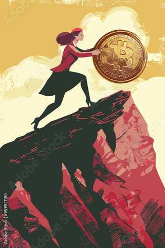 Ambitious Businesswoman Pushing Large Dollar Coin Up a Steep Mountain, Symbolizing Financial Goals and Success