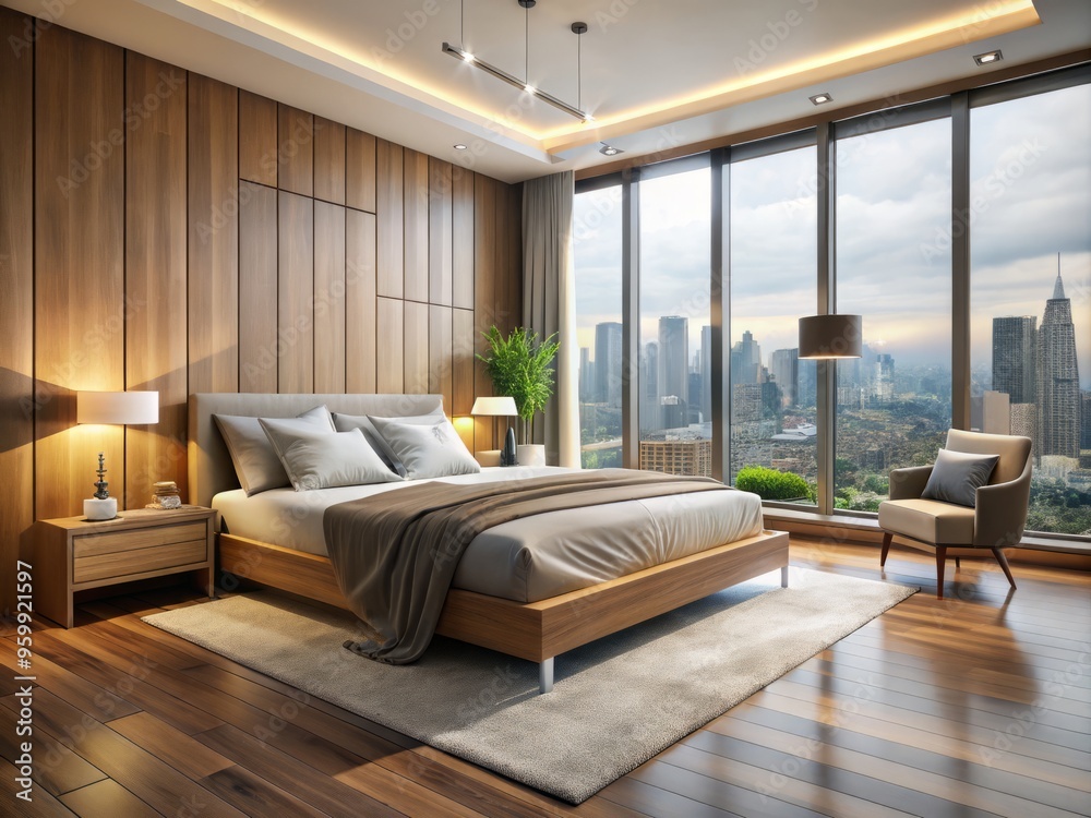 Fototapeta premium In this harmonious retreat, rich wood accents and floor-to-ceiling windows overlooking the city create a sense of calm,