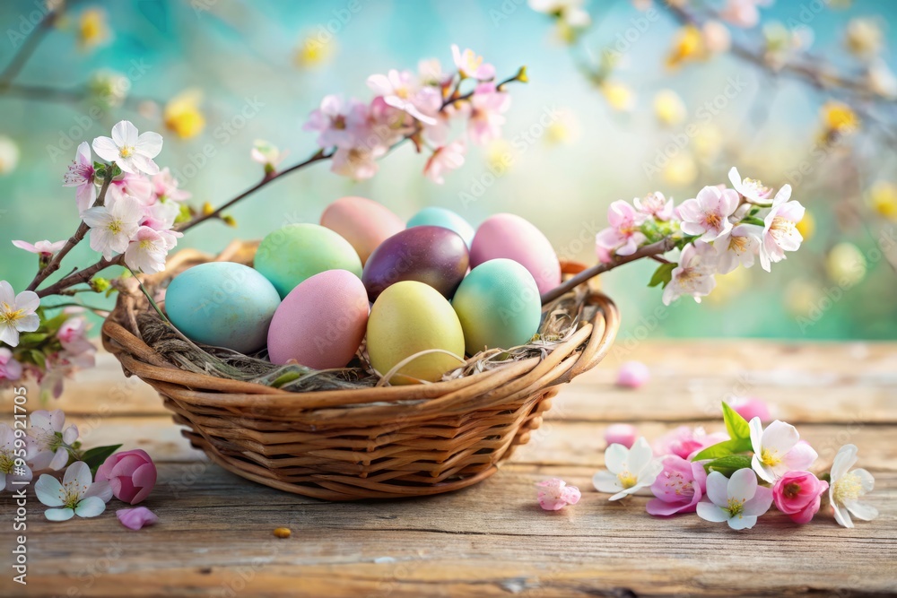 Vibrant pastel Easter eggs and springtime blooms nestled in a rustic wooden basket against a soft, ethereal background Vibrant pastel Easter eggs and springtime blooms nestled in a rustic wooden basket against a soft, ethereal background