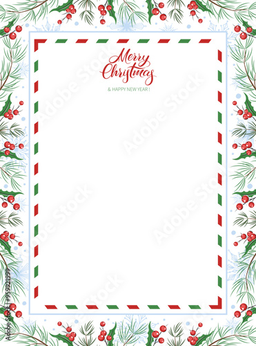 Blank greeting letter Merry Christmas and Happy New Year decorated with winter plants and snowflakes. Vector illustration