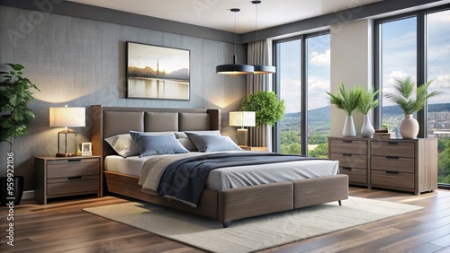 In this modern bedroom, a cutting-edge adjustable bed is complemented by cleverly designed bedside tables, a sleek