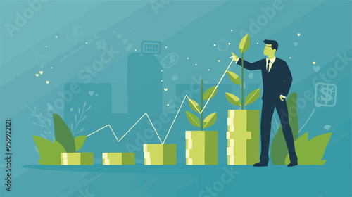 Financial growth concept. Young businessman earn more profit, make money from cryptocurrency
