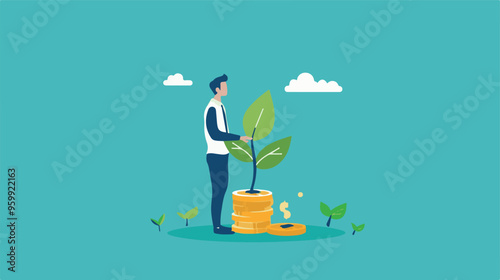 Financial growth concept. Young businessman earn more profit, make money from cryptocurrency