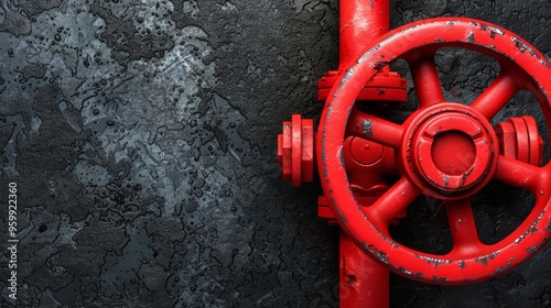 A close-up of a red industrial valve on a concrete wall.