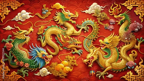 A vibrant, detailed illustration of ancient China's territorial boundaries, featuring mythical creatures, dragons, and phoenixes, set against a rich, crimson-red background with golden accents. photo