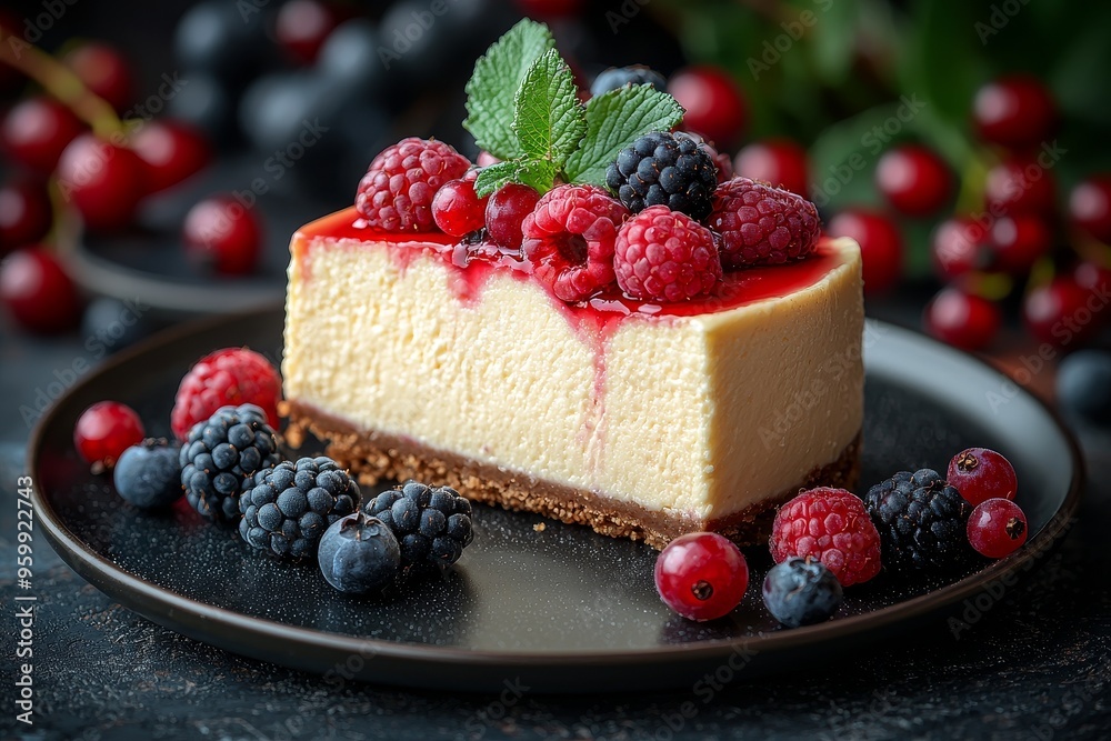 The image shows cheesecakes with fresh berries and strawberries, a digital photo illustration The image shows cheesecakes with fresh berries and strawberries, a digital photo illustration