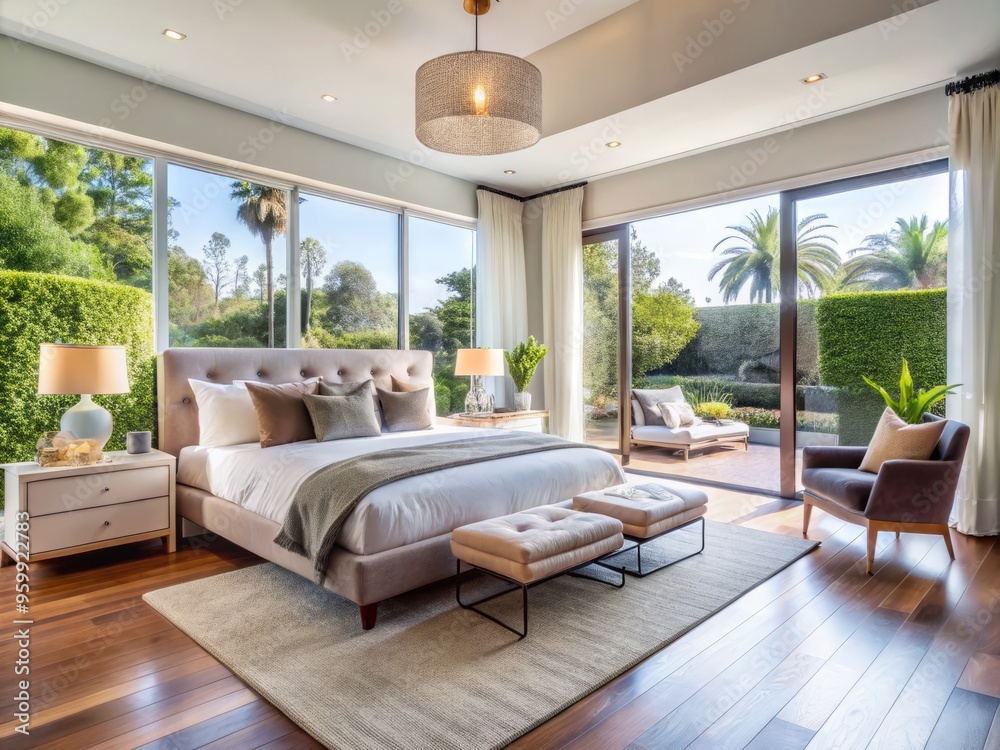 Fototapeta premium In this modern Los Angeles dwelling, the bedroom is a serene oasis with sophisticated decor and an abundance