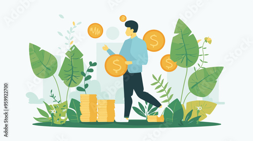 Financial growth concept. Young businessman earn more profit, make money from cryptocurrency