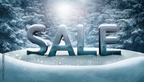 Sale sign in the snow with a snowy forest in the background, sale discount concept