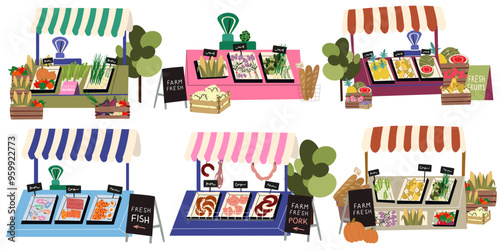 Farmers market. Fall harvest vector illustrations. Vector wooden colorful marketplace tents with natural farm produce. Food market stalls with fruits, vegetables, fish and meat