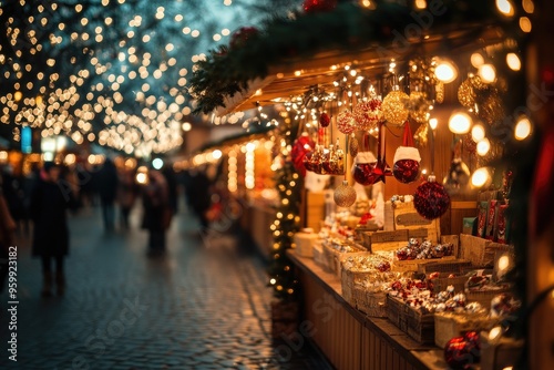 A festive market scene illuminated by twinkling lights, showcasing beautifully decorated stalls filled with holiday delights.