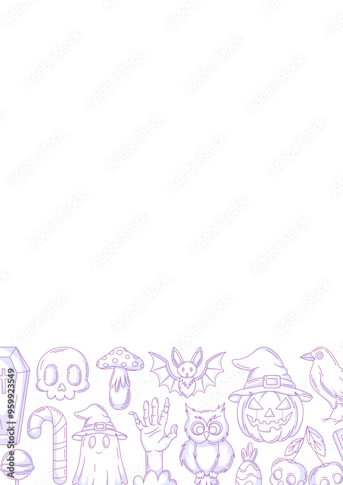 Halloween poster, vertical a4 background, space for text. Minimalist monochrome purple bottom frame. Holiday elements, skull, ghost, pumpkin, sweets, zombie hand. For card, banner, invitation, party Halloween poster, vertical a4 background, space for text. Minimalist monochrome purple bottom frame. Holiday elements, skull, ghost, pumpkin, sweets, zombie hand. For card, banner, invitation, party