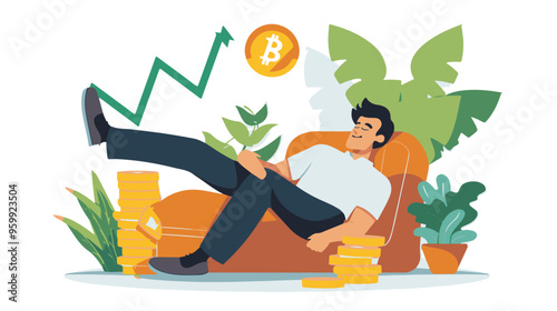 Financial growth concept. Young businessman earn more profit, make money from cryptocurrency