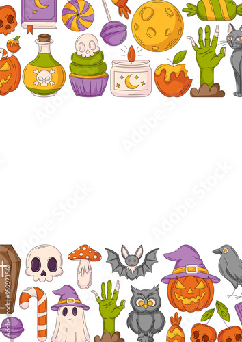 Halloween poster, vertical a4 background, space for text in the middle. Colorful bottom and upper border frame with holiday elements, skull, ghost, pumpkin, sweets. For card, banner, invitation, party