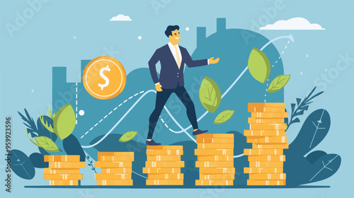 Financial growth concept. Young businessman earn more profit, make money from cryptocurrency