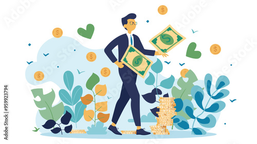 Financial growth concept. Young businessman earn more profit, make money from cryptocurrency