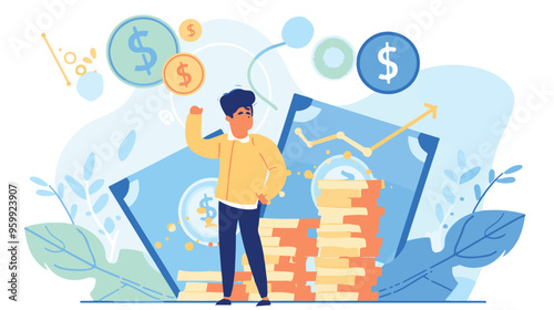 Financial growth concept. Young businessman earn more profit, make money from cryptocurrency