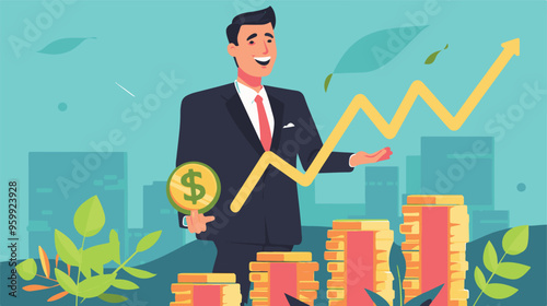 Financial growth concept. Young businessman earn more profit, make money from cryptocurrency